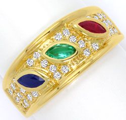 Foto 1 - Brillant-Ring mit Safir Rubin Smaragd Navetten Gelbgold, S4677